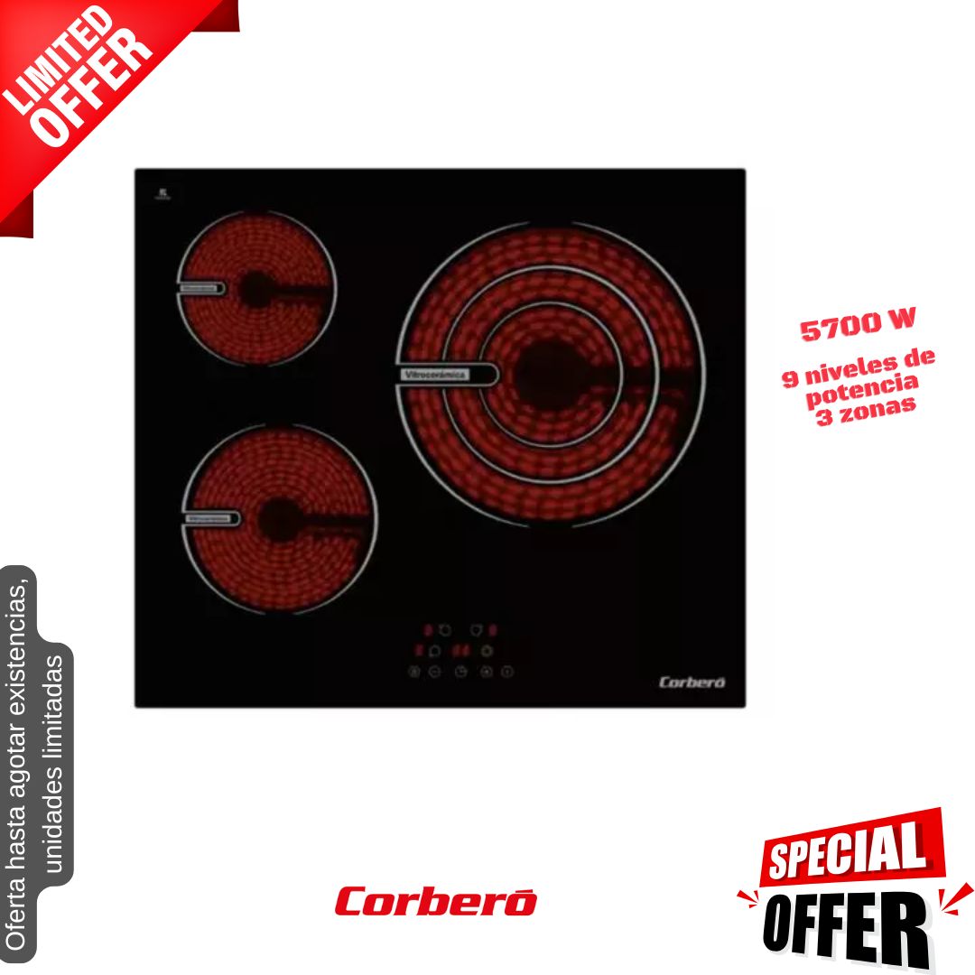 Placa vitrocerámica Corberó 3 fuegos CCVG3BL574 OFERTA
