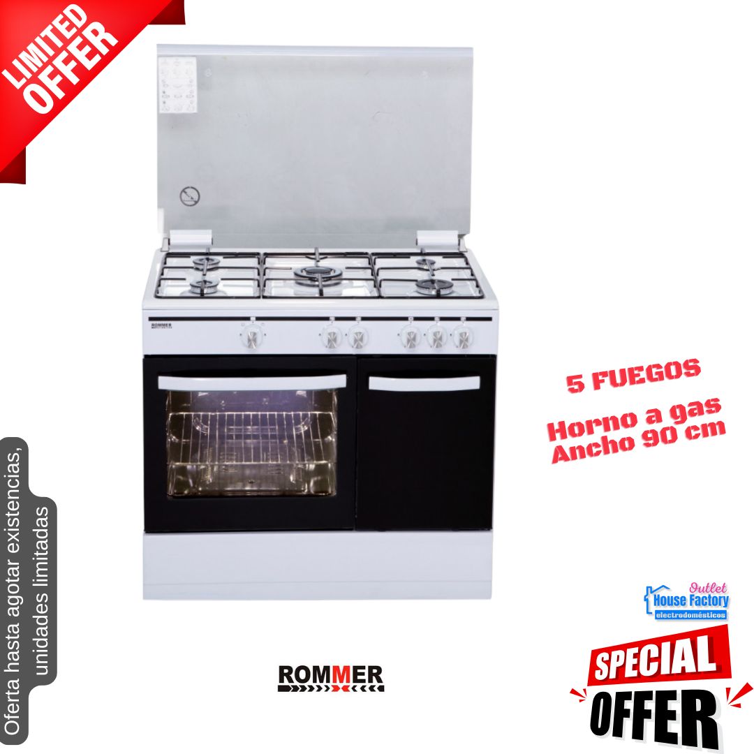 Cocina de gas blanca 5 fuegos 90cm Rommer CH905BFG OFERTA
