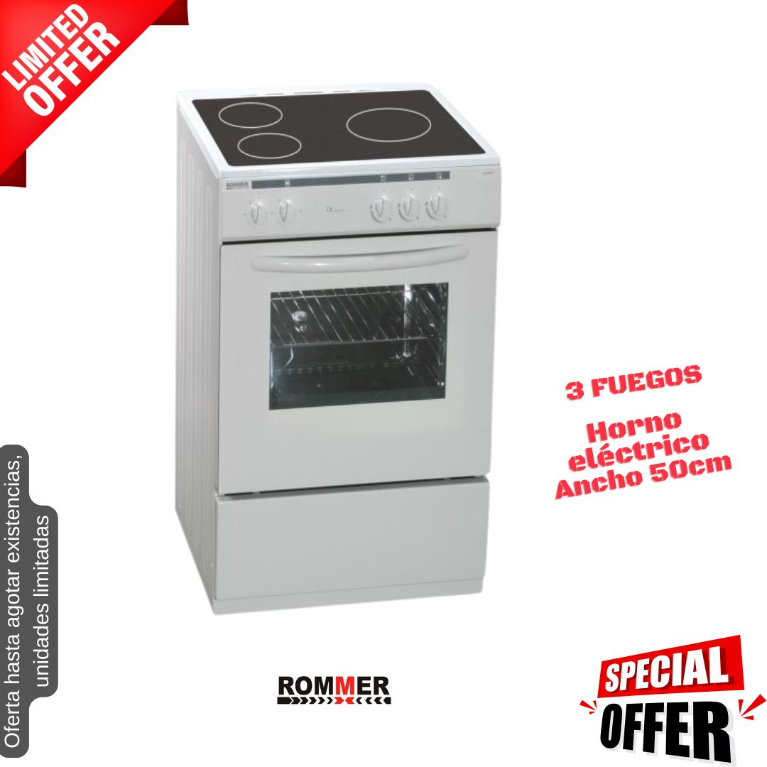 Cocina eléctrica blanca 3 fuegos 50cm Rommer CVH-51 OFERTA