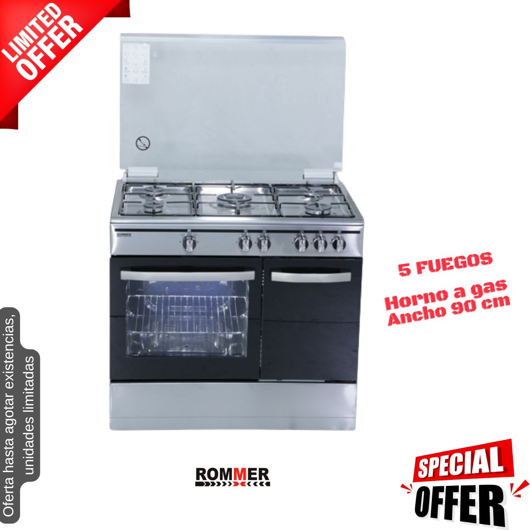 Cocina de gas inox 5 fuegos 90cm Rommer CH906XFG OFERTA