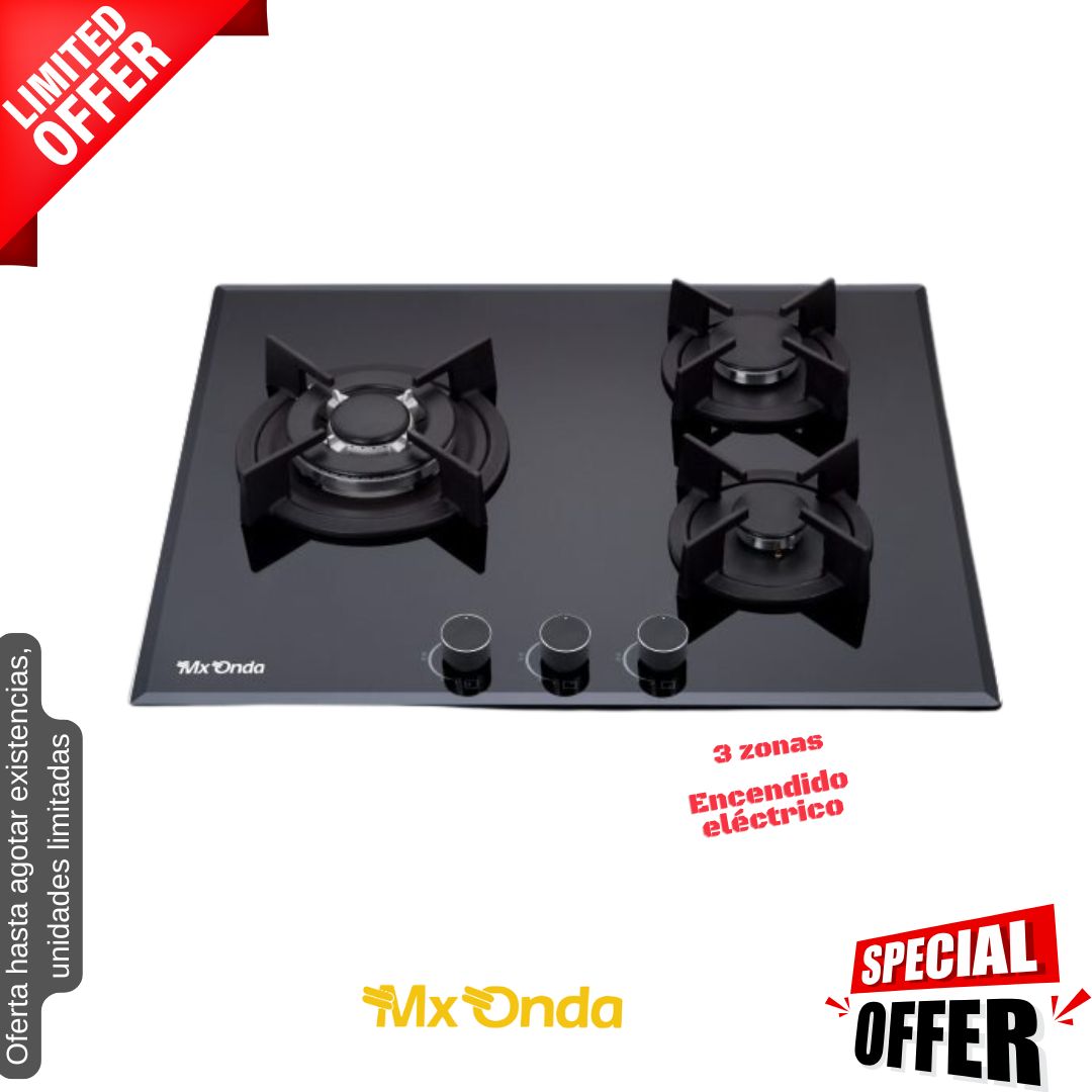 Placa de gas Mx-Onda cristal negro 3 fuegos 60cm MX-PG2200 OFERTA