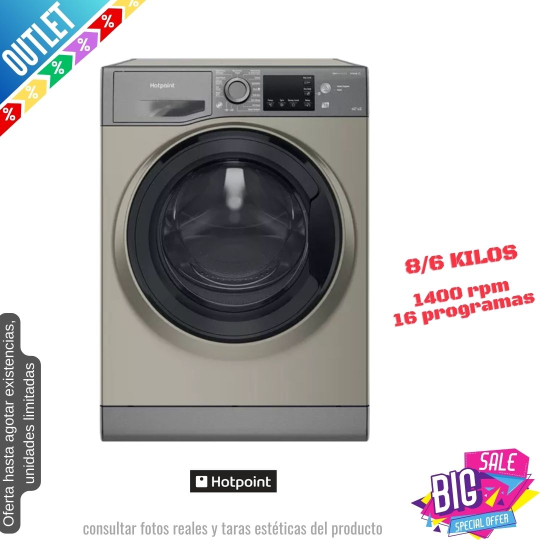 Lavasecadora Hotpoint 8/6kg inox 1400rpm NDB8635GK OUTLET