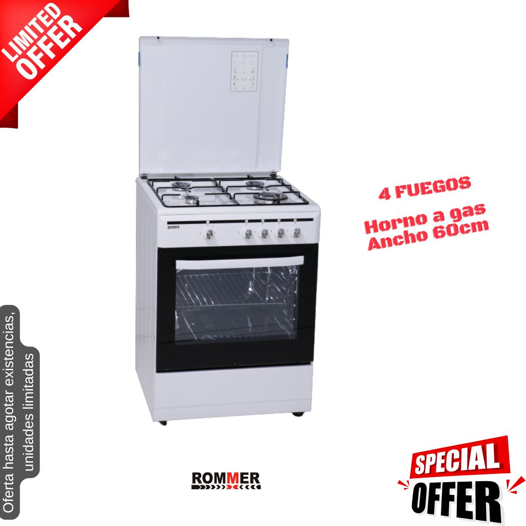 Cocina de gas blanca 4 fuegos 60cm Rommer VCH-461 OFERTA