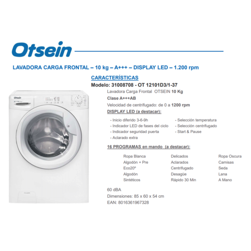 Lavadora Otsein 10kg blanca 1200rpm OT12101DE137 OFERTA