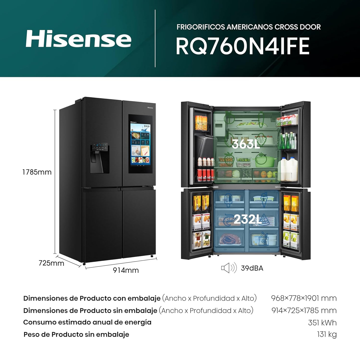 Frigorífico Americano Hisense negro 4 puertas 178*91cm RQ760N4IFE OUTLET