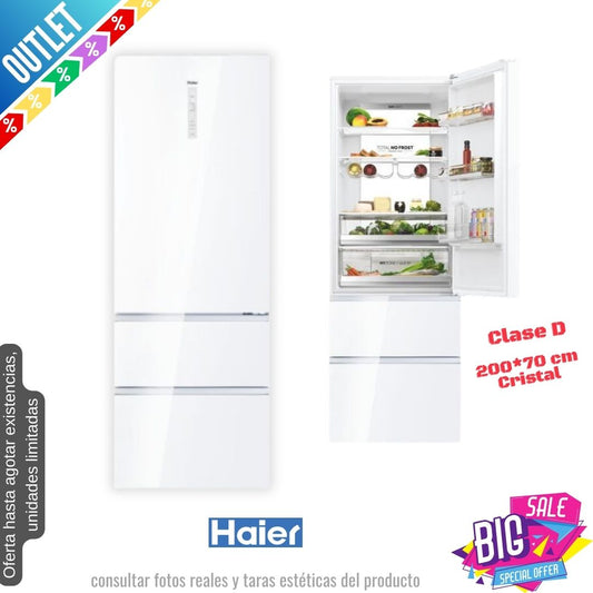 Frigorífico francés Haier blanco cristal 200*70cm HTW7720DNGW OUTLET