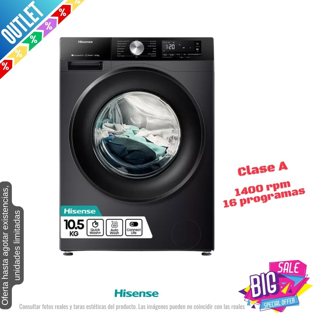Lavadora Hisense 10kg negra 1400rpm (026368) OUTLET