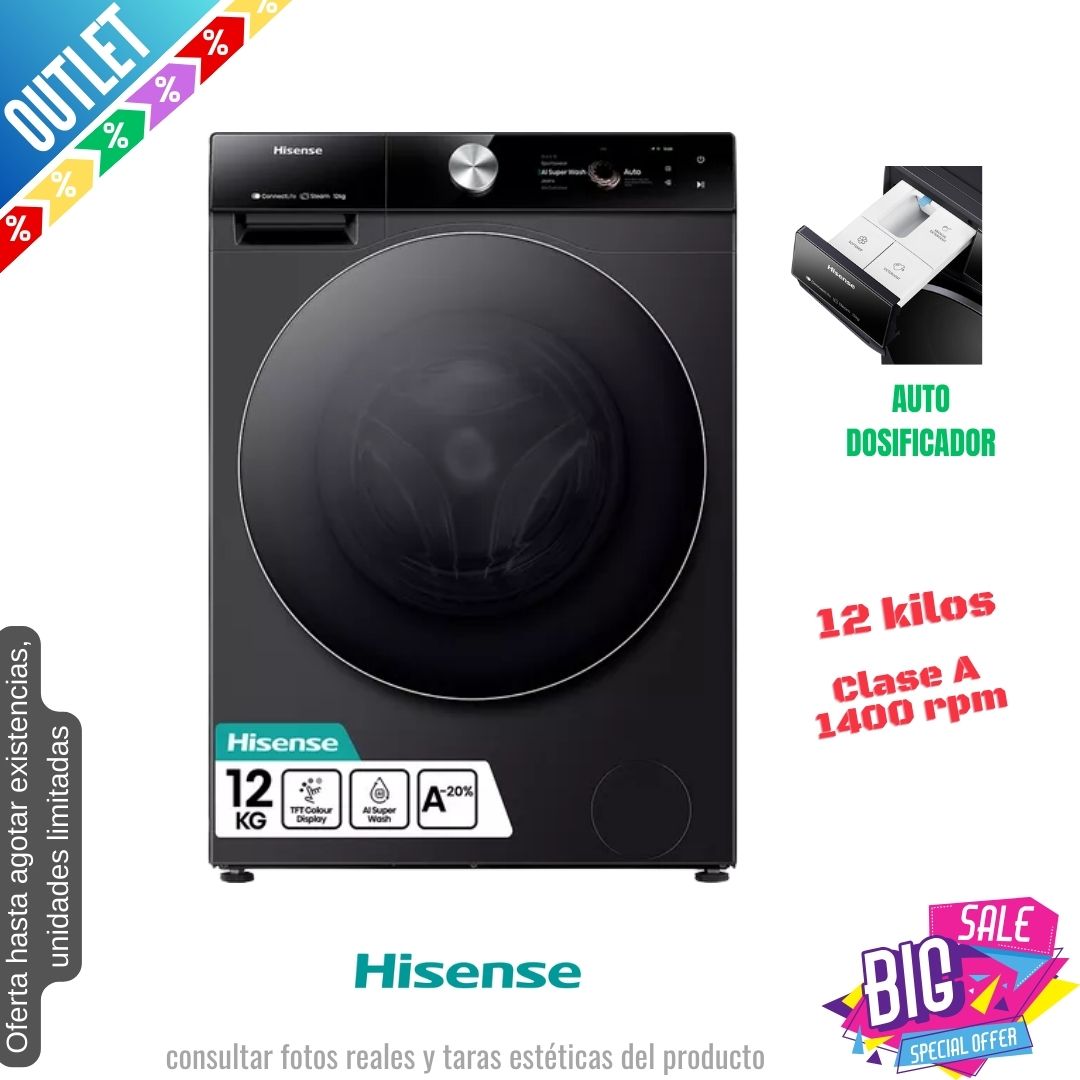 Lavadora Hisense 12kg negra 1400rpm WF7S1247BB OUTLET